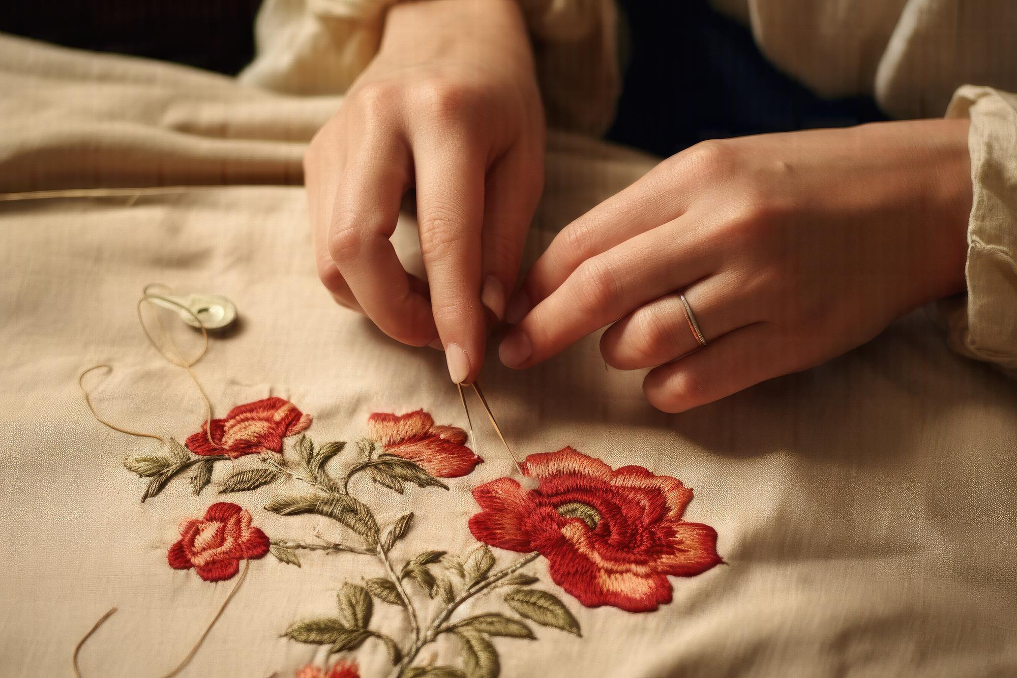 Close-up of embroidered floral detail on linen